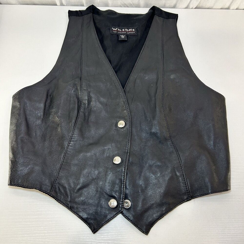 Wilsons Leather Black Leather Snap Front Vest Womens Size M Moto Grunge Biker